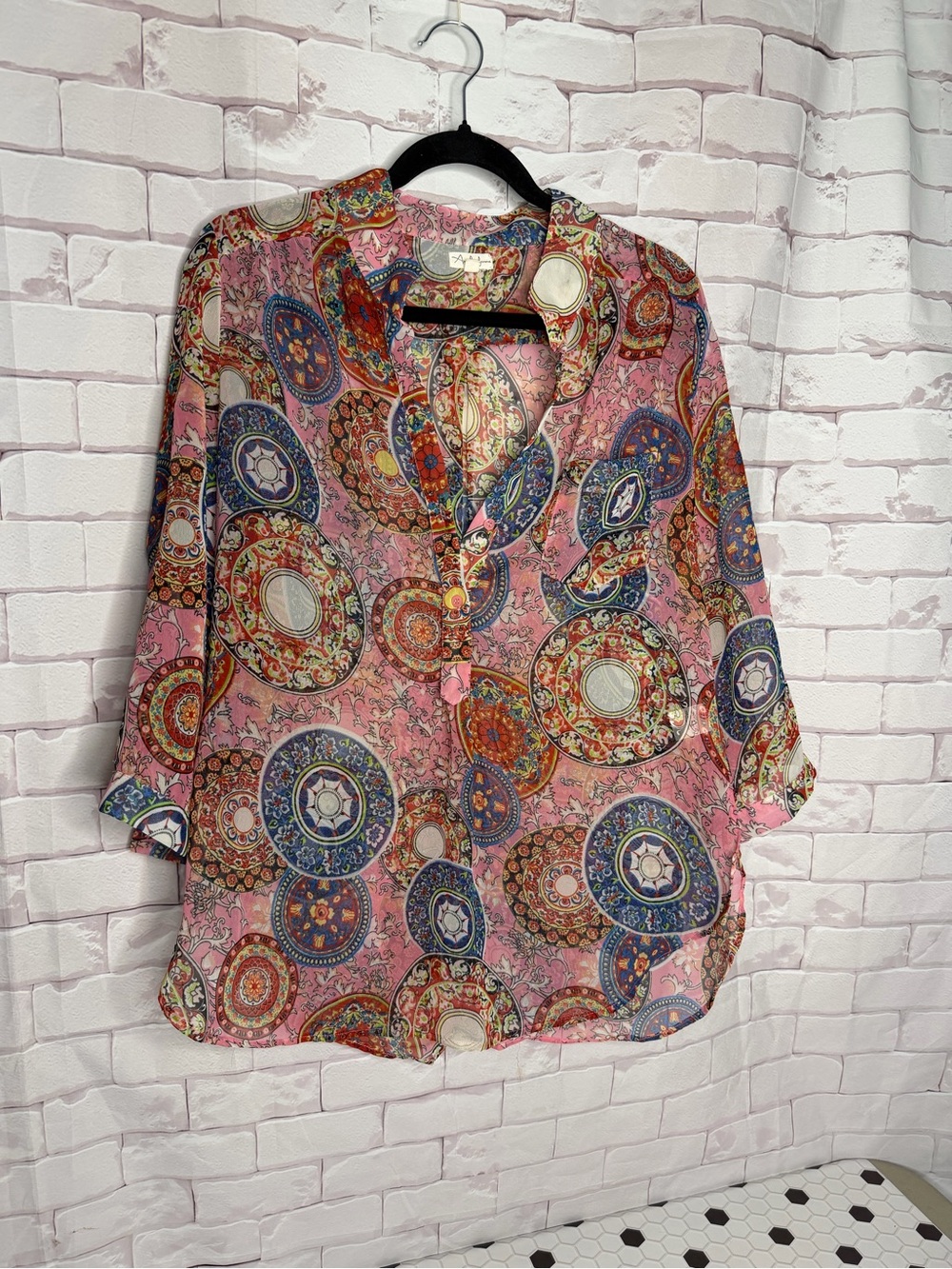 Antilia Femme Pink Paisley Medallion Button-Front Blouse
